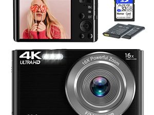 كاميرا سنين الرقمية ، كاميرات 4K للتصوير الفوتوغرافي ، كاميرا رقمية صغيرة للأطفال بدقة 44 ميجابكسل للمراهقين وكبار السن والمبتدئين وبطاقة SD سعة 32 جيجابايت وبطاريتين قابلتين لإعادة الشحن لهدايا الكريسماس وأعياد الميلاد - أسود