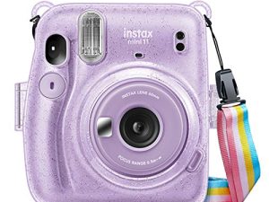 جراب Fintie الواقي الشفاف لكاميرا Fujifilm Instax Mini 11 بفيلم فوري - غطاء صلب كريستالي مع حزام كتف قوس قزح قابل للإزالة ، أرجواني لامع