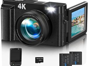 الكاميرا الرقمية 4K 60FPS التركيز التلقائي 48MP Vlogging Video Camera 16X Digital Zoom Camera with 180 ° Flip Screen Camera Compact for YouTube 32GB Memory Card
