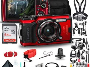 كاميرا أوليمبوس تاف TG-6 المقاومة للماء (أحمر) - مجموعة أكشن - مع مجموعة ملحقات مكونة من 50 قطعة + بطارية إضافية + حزام عائم + بطاقة ذاكرة فائقة سعة 64 جيجابايت من سانديسك + حقيبة مبطنة + المزيد