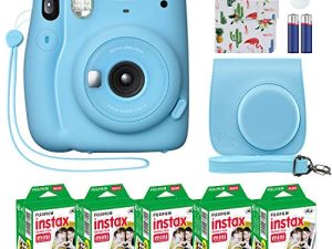 كاميرا Fujifilm Instax Mini 11 الفورية ، أزرق سماوي + جراب مخصص + حزمة قيمة فيلم Fuji Instax (50 ورقة) ألبوم صور مصمم فلامنغو لصور Fuji instax Mini 11
