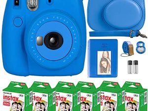 كاميرا FujiFilm Instax Mini 9 الفورية + فيلم Fujifilm Instax Mini (60 ورقة) حزمة مع ملحقات رقم واحد بما في ذلك حقيبة الحمل وعدسة السيلفي وألبوم الصور (أزرق كوبالت)