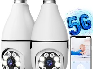 قطعة من الكاميرات الأمنية ذات اللمبة الخفيفة 2.4 جيجا هرتز / 5 جيجا هرتز واي فاي 360 مراقبة 1080P كاميرات بمقبس ضوئي لاسلكي في الهواء الطلق وداخل المنزل والمنزل الذكي للكشف عن الحركة تنبيهات الرؤية الليلية نقاش ثنائي الاتجاه متوافق مع Alexa