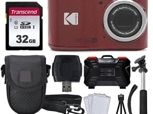 كاميرا Kodak PIXPRO FZ45 الرقمية + بطاقة ذاكرة 32 جيجا بايت + حافظة كاميرا بوينت آند شوت + حامل أحادي قابل للتمديد + قلم تنظيف العدسة + واقيات شاشة LCD + حامل ثلاثي القوائم - Ultimate Bundle (أحمر)