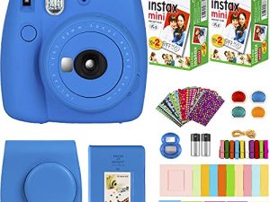مجموعة كاميرا Fujifilm Instax Mini 9 الفورية + فيلم Fujifilm Instax Mini (40 ورقة) مع العروض رقم واحد من الملحقات بما في ذلك حقيبة الحمل وفلاتر الألوان وألبوم صور الأطفال والمزيد (أزرق كوبالت)