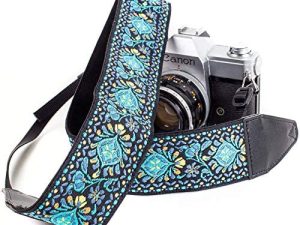حزام كاميرا عتيق منسوج باللون الأزرق من Art Tribute لجميع كاميرات DSLR. هدية الكريسماس المطرزة ، حزام العنق والكتف العالمي ، نمط الأزهار ، ستوفير تخزين المصور الرائع للمصورين