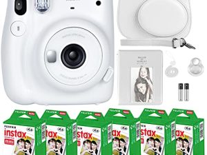 كاميرا Fujifilm Instax Mini 11 مع فيلم Fujifilm Instant Mini (60 ورقة) مع مجموعة من الملحقات رقم واحد بما في ذلك حقيبة الحمل وعدسة السيلفي وألبوم الصور والملصقات (أبيض ثلجي)
