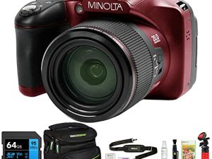 مينولتا MN67Z-BK 20MP / 1080p HD Bridge Digital Camera مع حزمة تكبير بصري 67x مع بطاقة ذاكرة Lexar Professional 633x 64GB UHS-1 الفئة 10 SDXC وحقيبة كاميرا Deco Gear لـ DSLR (أحمر)