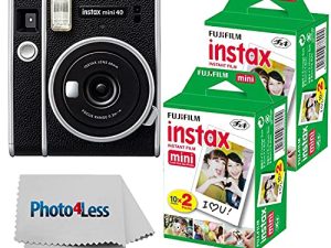 كاميرا Fujifilm Instax Mini 40 الفورية باللون الأسود + حزمة فيلم فوري Fujifilm Instax Mini Twin Pack (إجمالي 40 ورقة) - حزمة قيمة رائعة للكاميرا الفورية!