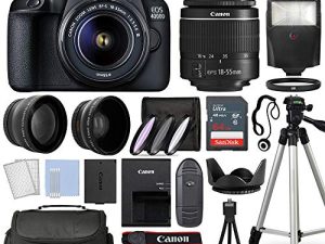 Canon EOS 4000D / Rebel T100 Digital SLR Camera Body w / Canon EF-S 18-55mm f / 3.5-5.6 Lens 3 Lens DSLR Kit مرفقة مع حزمة ملحقات كاملة + 64 جيجا بايت + فلاش والمزيد - موديل عالمي (مجدد)