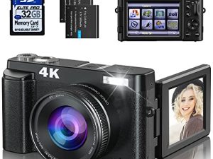 كاميرا رقمية بدقة 4K مع بطاقة SD [ضبط تلقائي للصورة ومضادة للاهتزاز] كاميرا فيديو بدقة 48 ميجابكسل للتصوير الفوتوغرافي للمبتدئين في مدونات الفيديو على YouTube ، 16X Zoom 180 درجة كاميرا قابلة للطي صغيرة الحجم للسفر مع بطاريتين قابلتين لإعادة الشحن