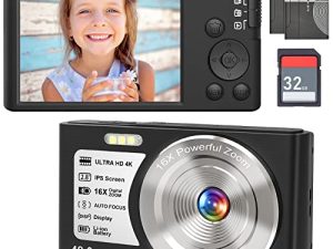 كاميرا رقمية بدقة 4K 48 ميجابكسل كاميرا مدمجة ضبط تلقائي للصورة 16X زووم رقمي كاميرا محمولة للأولاد والبنات والكبار والمبتدئين (مع بطاقة SD 32 جيجابايت وبطاريتين)