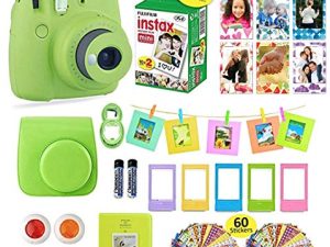 كاميرا Fujifilm Instax Mini 9 الفورية + حقيبة حمل متوافقة مع مصراع الكاميرا + حزمة قيمة فيلم Fuji (20 ورقة) + مجموعة ملحقات الغالق ، فلاتر الألوان ، ألبوم الصور ، إطارات متنوعة (أخضر ليموني)