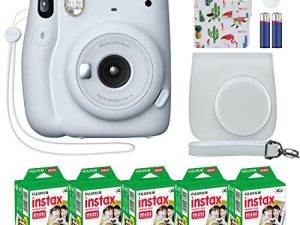 كاميرا Fujifilm Instax Mini 11 الفورية آيس وايت + حزمة ملحقات MiniMate وحقيبة مخصصة متوافقة + حزمة قيمة فيلم Fuji Instax (50 ورقة) ألبوم صور مصمم فلامنغو