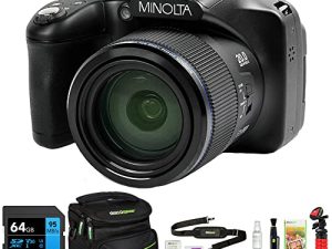 مينولتا MN67Z-BK 20MP / 1080p HD Bridge Digital Camera مع حزمة تكبير بصري 67x مع بطاقة ذاكرة Lexar Professional 633x 64GB UHS-1 الفئة 10 SDXC وحقيبة كاميرا Deco Gear لـ DSLR (أسود)