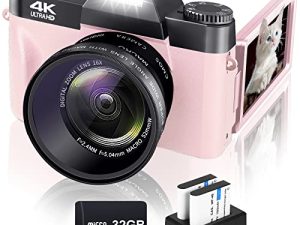 كاميرا رقمية 4K VJIANGER 48MP Vlogging Camera with Flip Screen، Manualfocus، 16X Digital Zoom، 52mm Wide Angle & Macro Lens، 2 Battery، 32GB TF Card (Pink)
