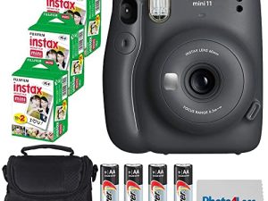 كاميرا Fujifilm Instax Mini 11 الفورية - رمادي فحمي (16654786) + Fuji Instax Mini Twin Pack فيلم فوري (60 ورقة) + بطاريات + جراب - حزمة كاميرا فورية