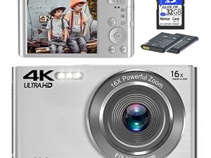 كاميرا سنين الرقمية ، كاميرات 4K للتصوير الفوتوغرافي ، كاميرا رقمية صغيرة ومضغوطة للأطفال بدقة 44 ميجابكسل للمراهقين وكبار السن والمبتدئين وبطاقة SD سعة 32 جيجابايت وبطاريتين قابلتين لإعادة الشحن لهدايا أعياد الميلاد - فضي