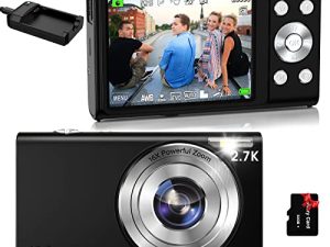 كاميرا رقمية التركيز التلقائي 2.7K Vlogging Camera HD 48MP 16X Digital Zoom Camera with 32G Memory Card 2 Battery & Charger Youtube Mini Portable Compact Camera for Kids Teens Adult Beginner