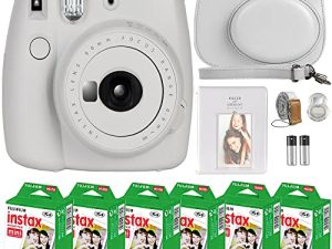 كاميرا FujiFilm Instax Mini 9 الفورية + فيلم Fujifilm Instax Mini (60 ورقة) حزمة مع ملحقات رقم واحد بما في ذلك حقيبة الحمل وعدسة السيلفي وألبوم الصور (أبيض سموكي)