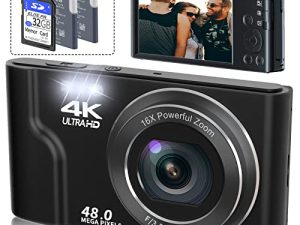 كاميرا سنين الرقمية ، كاميرات 4K للتصوير الفوتوغرافي ، كاميرا رقمية صغيرة مدمجة للأطفال بدقة 48 ميجابكسل للمراهقين ، والفتيات ، وكبار السن ، والمبتدئين ، وتقريب رقمي 16 مرة ، مع بطاقة SD بسعة 32 جيجابايت وبطاريتين قابلتين لإعادة الشحن - أسود