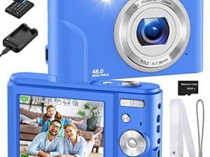 كاميرا رقمية ، كاميرا RUAHETIL Autofocus FHD 1080P 48MP كاميرا فيديو للأطفال مع بطاقة ذاكرة 32 جيجا بايت ، وضعين للشحن ، كاميرا مدمجة 16X Zoom وكاميرا تصوير للأطفال المراهقين (أزرق)