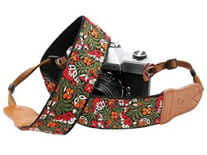 حزام الكاميرا لجميع كاميرات DSLR / SLR ، نهايات من جلد البقر بطبقتين ، حزام كاميرا منسوج من القطن الخالص العريض مقاس 2 بوصة ، حزام رقبة وكتف عالمي قابل للتعديل ، هدية للمصورين （زهرة خضراء）