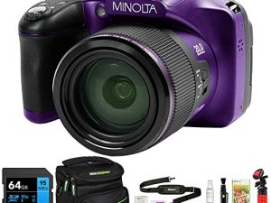 مينولتا MN67Z-BK 20MP / 1080p HD Bridge Digital Camera مع حزمة تكبير بصري 67x مع بطاقة ذاكرة Lexar Professional 633x 64GB UHS-1 الفئة 10 SDXC وحقيبة كاميرا Deco Gear لـ DSLR (أرجواني)