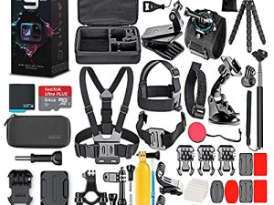 GoPro HERO9 Black - كاميرا أكشن مقاومة للماء مع شاشة LCD أمامية وشاشات لمس خلفية وفيديو 5K وصور بدقة 20 ميجابكسل وبث مباشر 1080 بكسل واستقرار + بطاقة 64 جيجابايت ومجموعة ملحقات 50 قطعة - مجموعة أكشن