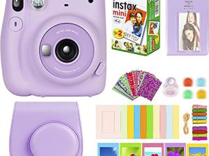 كاميرا Fujifilm Instax Mini 11 مع فيلم Fujifilm Instant Mini (20 ورقة) مع مجموعة من الملحقات رقم واحد بما في ذلك حقيبة الحمل وفلاتر الألوان وألبوم الصور والملصقات والمزيد (أرجواني أرجواني)