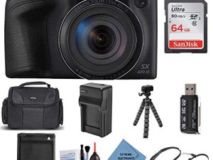 Canon PowerShot SX420 عبارة عن كاميرا Wi-Fi رقمية (سوداء) مع بطاقة 64 جيجابايت + حافظة + بطارية وشاحن + حامل ثلاثي مرن + حزام حبال + مجموعة + قماش إلكترونيات شديد (مجدد)