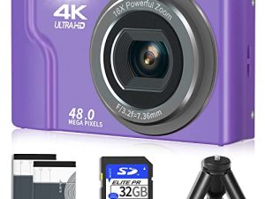 كاميرا رقمية مع بطاقة SD 32 جيجا بايت ، كاميرا VJIANGER 4K 48MP Vlogging مع شاشة 2.8 بوصة ، تكبير رقمي 16X ، كاميرا صغيرة وشوت للأطفال Tees Aldults مع بطاريتين وحامل ثلاثي القوائم (DC6-6 Purple)