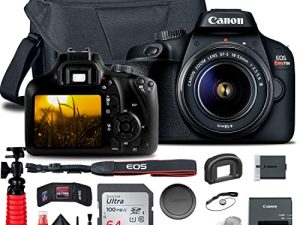 كاميرا Canon EOS Rebel T100 / 4000D DSLR مع عدسة 18-55 ملم + بطاقة ذاكرة 64 جيجا بايت + حافظة + قارئ بطاقات + حامل ثلاثي فليكس + حزام يد + غطاء حافظة + محفظة ذاكرة + مجموعة تنظيف