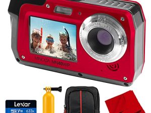 Minolta MN40WP-R 48 MP شاشة مزدوجة 2.7K Ultra HD كاميرا رقمية مقاومة للماء ، حزمة حمراء مع بطاقة ذاكرة Lexar 64GB. حقيبة الكاميرا ، مقبض بوبر عائم وقماش تنظيف من الألياف الدقيقة