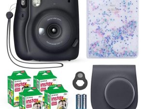 Fujifilm Instax Mini 11 كاميرا فورية رمادي فحمي + حزمة قيمة لفيلم فوجي (40 ورقة) + مجموعة ملحقات الغالق ، بما في ذلك حقيبة حمل متوافقة ، عدسة سيلفي ، ألبوم صور خرز Quicksand 64 جيبًا