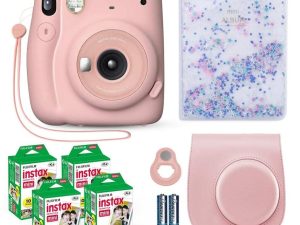 Fujifilm Instax Mini 11 Instant Camera Blush Pink + Fuji Film Value Pack (40 ورقة) + مجموعة ملحقات الغالق ، بما في ذلك. حقيبة حمل متوافقة ، عدسة سيلفي ، ألبوم صور خرز الرمال المتحركة 64 جيبًا