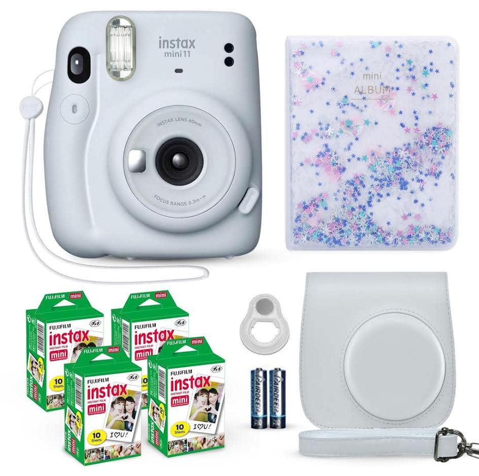 Fujifilm Instax Mini 11 كاميرا فورية آيس وايت + حزمة قيمة فيلم فوجي (40 ورقة) + مجموعة ملحقات الغالق ، بما في ذلك. حقيبة حمل متوافقة ، عدسة سيلفي ، ألبوم صور خرز الرمال المتحركة 64 جيبًا Fujifilm Instax Mini 11 كاميرا فورية آيس وايت + حزمة قيمة فيلم فوجي (40 ورقة) + مجموعة ملحقات الغالق ، بما في ذلك. حقيبة حمل متوافقة ، عدسة سيلفي ، ألبوم صور خرز الرمال المتحركة 64 جيبًا